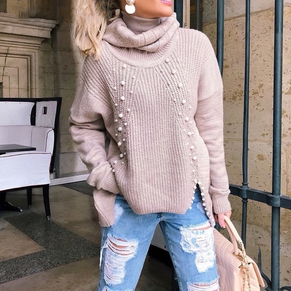 Rouge! Sweaters - Pearl Beading Oversized Pink Sweater Cowl Neck